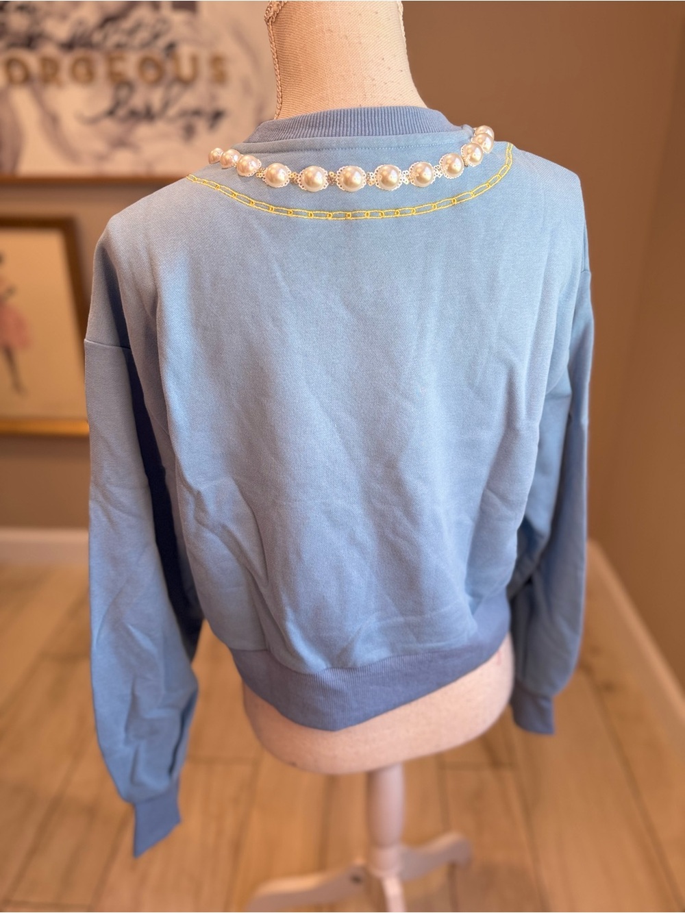 New! QUEEN OF SPARKLES Blue Sequin Medical Supply Necklace Sweatshirt - Picture 6 of 9